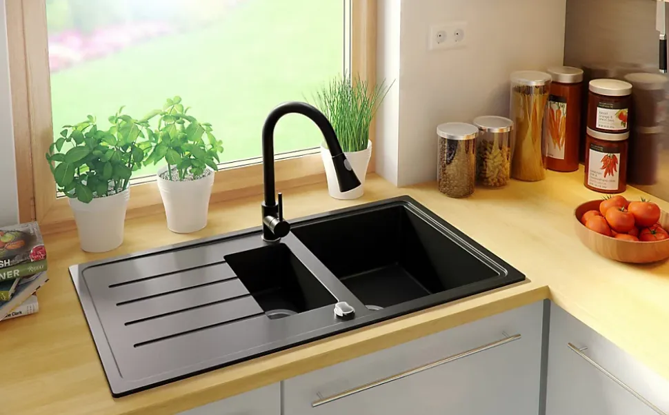 PRIMAGRAN Evier Cuisine en Granit Tout Noir 90x50cm, Lavabo 1,5 bacs + Accessoires, Évier à Encastrer au meuble 60cm