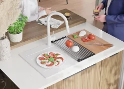 PRIMAGRAN Evier Cuisine en Granit Tout Blanc 90x50cm, Lavabo 1 bac + Accessoires, Évier à Encastrer au meuble 60cm