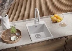 PRIMAGRAN Evier Cuisine en Granit Tout Blanc 38x50cm, Lavabo 1 bac + Kit de Vidage, Évier à Encastrer au meuble 40cm - Riga