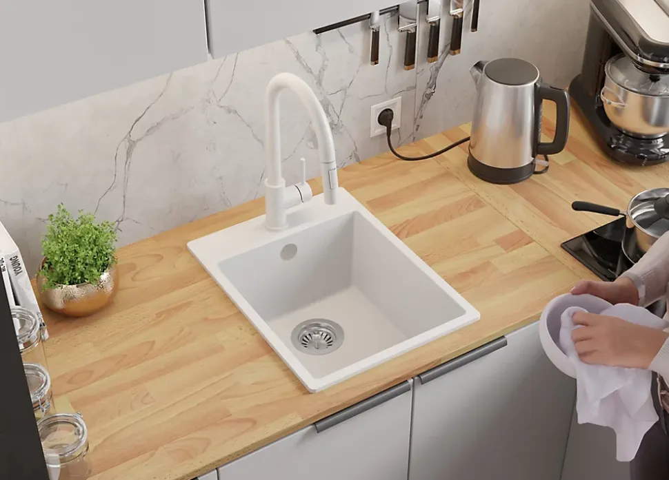 PRIMAGRAN Evier Cuisine en Granit Tout Blanc 38x50cm, Lavabo 1 bac + Kit de Vidage, Évier à Encastrer au meuble 40cm - Riga