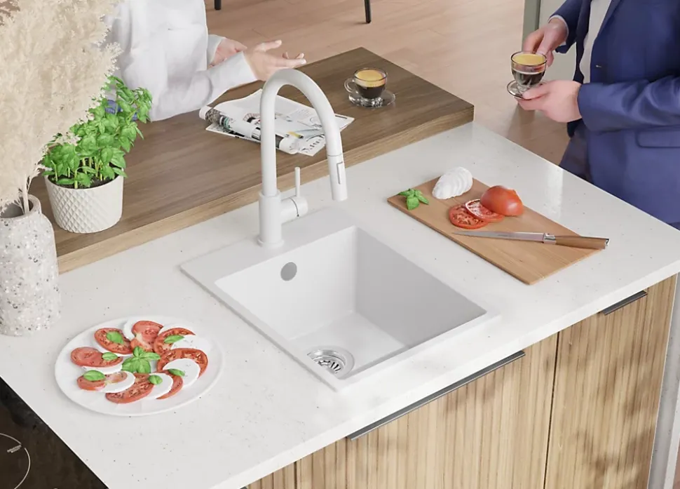 PRIMAGRAN Evier Cuisine en Granit Tout Blanc 38x50cm, Lavabo 1 bac + Kit de Vidage, Évier à Encastrer au meuble 40cm - Riga
