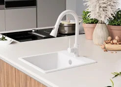 PRIMAGRAN Evier Cuisine en Granit Blanc 38x44cm, Lavabo 1 bac + Kit de Vidage, Évier à Encastrer au meuble 40cm - Riga Easy