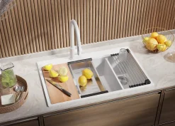 PRIMAGRAN Evier Cuisine en Granit Blanc 78x50cm, Lavabo 2 bacs + Kit de Vidage + Accessoires, Évier à Encastrer au meuble 80cm