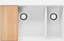 PRIMAGRAN Evier Cuisine en Granit Blanc 78x50cm, Lavabo 2 bacs + Kit de Vidage + Accessoires, Évier à Encastrer au meuble 80cm