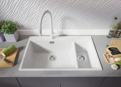 PRIMAGRAN Evier Cuisine en Granit Blanc 78x50cm, Lavabo 2 bacs + Kit de Vidage + Accessoires, Évier à Encastrer au meuble 80cm
