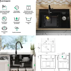 PRIMAGRAN Evier Cuisine en Granit Blanc 78x50cm, Lavabo 2 bacs + Kit de Vidage + Accessoires, Évier à Encastrer au meuble 80cm