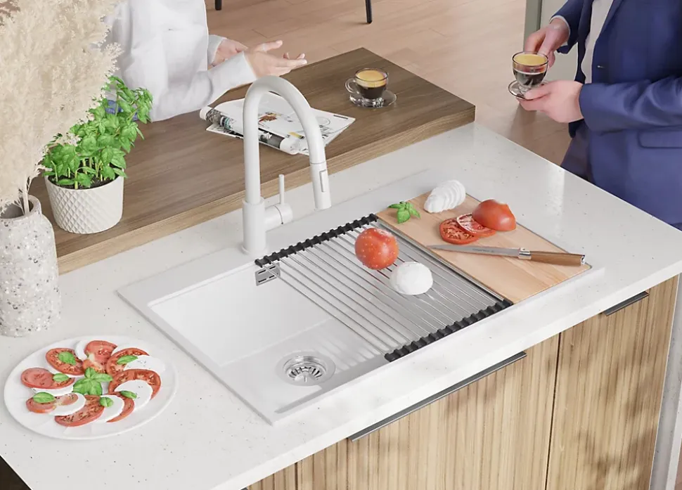 PRIMAGRAN Evier Cuisine en Granit Blanc 78x50cm, Lavabo 2 bacs + Kit de Vidage + Accessoires, Évier à Encastrer au meuble 80cm