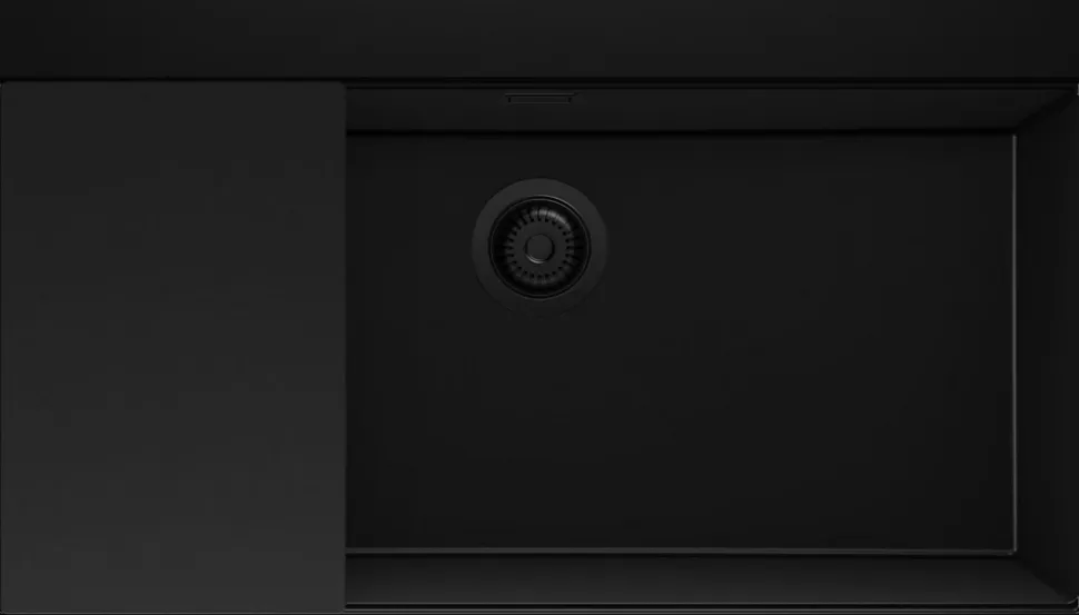 PRIMAGRAN Evier Cuisine en Granit Tout Noir 88x50cm, Lavabo 1 bac + Kit de Vidage + Accessoires, Évier à Encastrer au meuble 90cm