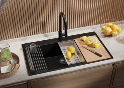 PRIMAGRAN Evier Cuisine en Granit Tout Noir 88x50cm, Lavabo 1 bac + Kit de Vidage + Accessoires, Évier à Encastrer au meuble 90cm