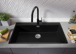 PRIMAGRAN Evier Cuisine en Granit Tout Noir 88x50cm, Lavabo 1 bac + Kit de Vidage + Accessoires, Évier à Encastrer au meuble 90cm