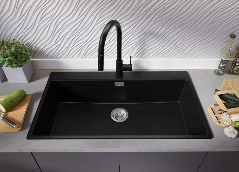 PRIMAGRAN Evier Cuisine en Granit Tout Noir 88x50cm, Lavabo 1 bac + Kit de Vidage + Accessoires, Évier à Encastrer au meuble 90cm
