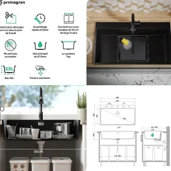 PRIMAGRAN Evier Cuisine en Granit Tout Noir 88x50cm, Lavabo 1 bac + Kit de Vidage + Accessoires, Évier à Encastrer au meuble 90cm