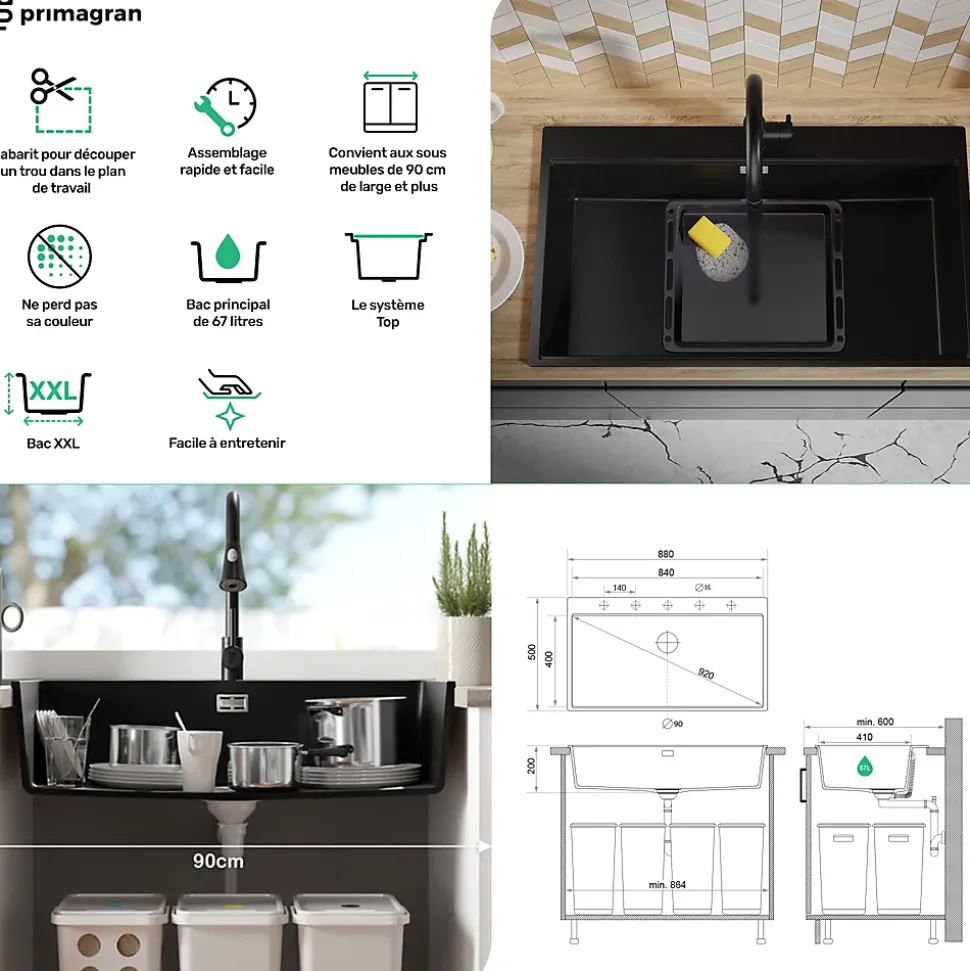 PRIMAGRAN Evier Cuisine en Granit Tout Noir 88x50cm, Lavabo 1 bac + Kit de Vidage + Accessoires, Évier à Encastrer au meuble 90cm
