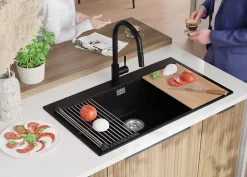 PRIMAGRAN Evier Cuisine en Granit Tout Noir 88x50cm, Lavabo 1 bac + Kit de Vidage + Accessoires, Évier à Encastrer au meuble 90cm