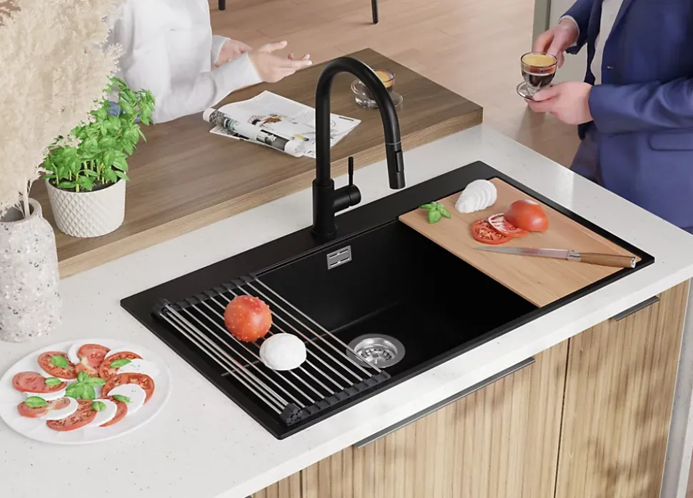 PRIMAGRAN Evier Cuisine en Granit Tout Noir 88x50cm, Lavabo 1 bac + Kit de Vidage + Accessoires, Évier à Encastrer au meuble 90cm