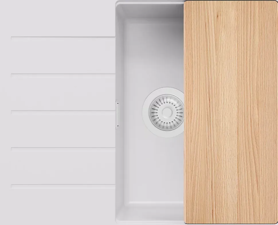 PRIMAGRAN Evier Cuisine en Granit Tout Blanc 62x50cm, Lavabo 1 bac + Accessoires, Évier à Encastrer au meuble 45cm