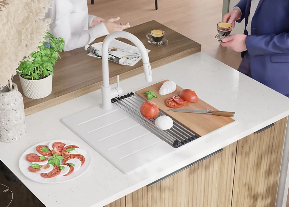 PRIMAGRAN Evier Cuisine en Granit Tout Blanc 62x50cm, Lavabo 1 bac + Accessoires, Évier à Encastrer au meuble 45cm