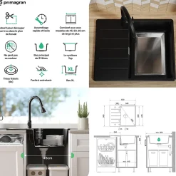 PRIMAGRAN Evier Cuisine en Granit Tout Blanc 62x50cm, Lavabo 1 bac + Accessoires, Évier à Encastrer au meuble 45cm