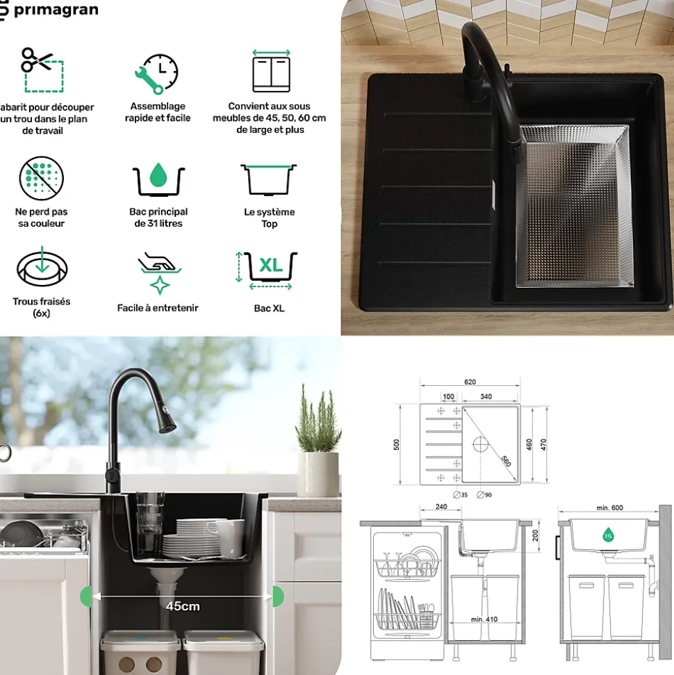 PRIMAGRAN Evier Cuisine en Granit Tout Blanc 62x50cm, Lavabo 1 bac + Accessoires, Évier à Encastrer au meuble 45cm