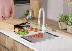 PRIMAGRAN Evier Cuisine en Granit Tout Blanc 62x50cm, Lavabo 1 bac + Accessoires, Évier à Encastrer au meuble 45cm