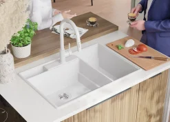PRIMAGRAN Evier Cuisine en Granit Blanc 78x53cm, Lavabo 2 bacs + Kit de Vidage + Accessoires, Évier à Encastrer au meuble 80cm
