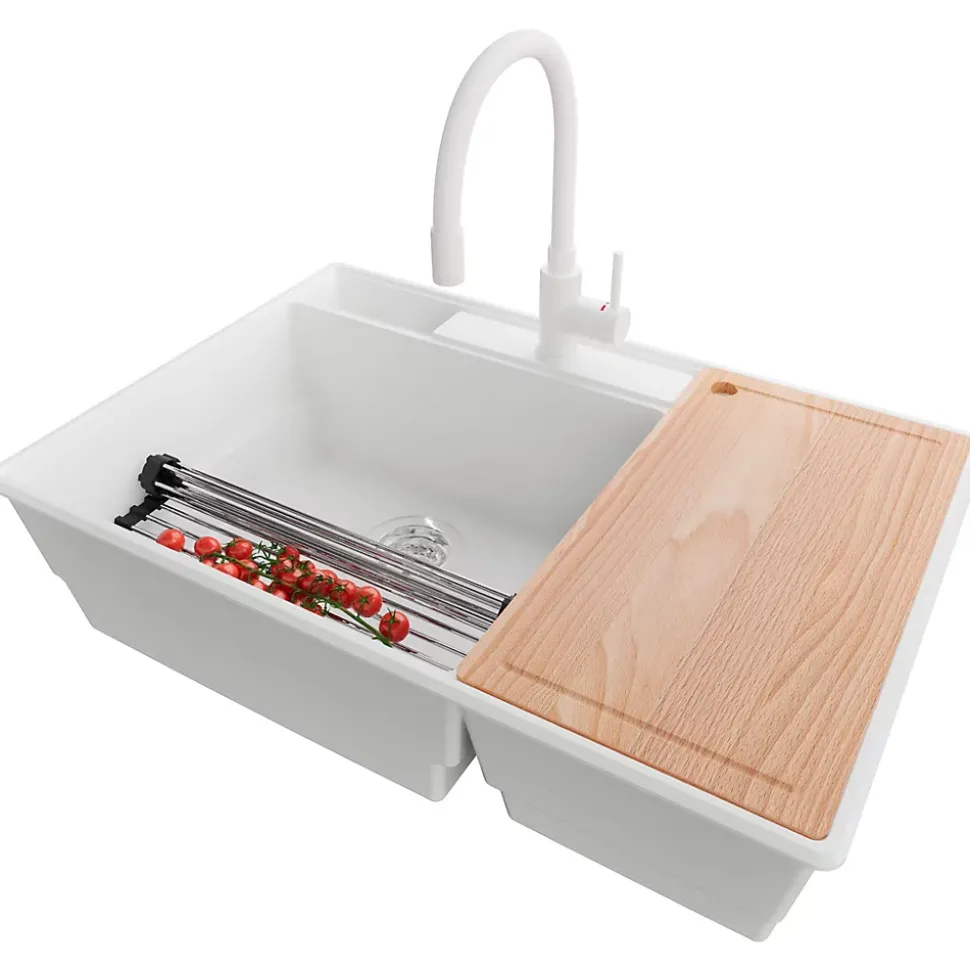 PRIMAGRAN Evier Cuisine en Granit Blanc 78x53cm, Lavabo 2 bacs + Kit de Vidage + Accessoires, Évier à Encastrer au meuble 80cm