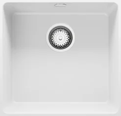 PRIMAGRAN Evier Cuisine en Granit Blanc 46x44cm, Lavabo 1 bac + Kit de Vidage + Accessoires, Évier à Encastrer au meuble 50cm
