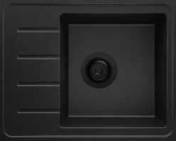 PRIMAGRAN Evier Cuisine en Granit Tout Noir 55x44cm, Lavabo 1 bac + Kit de Vidage + Accessoires, Évier à Encastrer au meuble 45cm