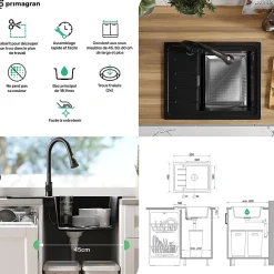 PRIMAGRAN Evier Cuisine en Granit Tout Noir 55x44cm, Lavabo 1 bac + Kit de Vidage + Accessoires, Évier à Encastrer au meuble 45cm