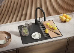 PRIMAGRAN Evier Cuisine en Granit Graphite 70x50cm, Lavabo 1 bac + Kit de Vidage + Accessoires, Évier à Encastrer au meuble 40cm