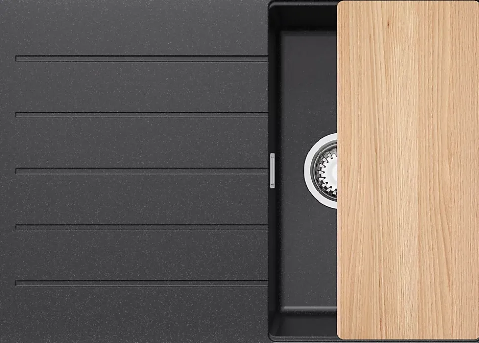 PRIMAGRAN Evier Cuisine en Granit Graphite 70x50cm, Lavabo 1 bac + Kit de Vidage + Accessoires, Évier à Encastrer au meuble 40cm