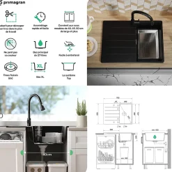 PRIMAGRAN Evier Cuisine en Granit Graphite 70x50cm, Lavabo 1 bac + Kit de Vidage + Accessoires, Évier à Encastrer au meuble 40cm