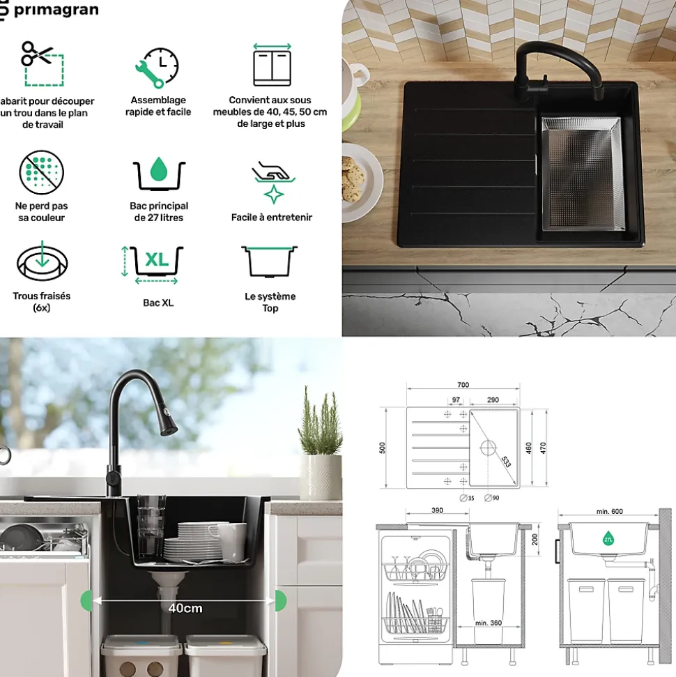 PRIMAGRAN Evier Cuisine en Granit Graphite 70x50cm, Lavabo 1 bac + Kit de Vidage + Accessoires, Évier à Encastrer au meuble 40cm