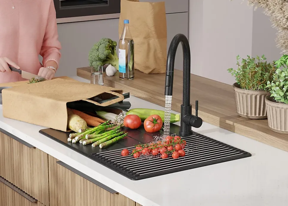 PRIMAGRAN Evier Cuisine en Granit Graphite 70x50cm, Lavabo 1 bac + Kit de Vidage + Accessoires, Évier à Encastrer au meuble 40cm