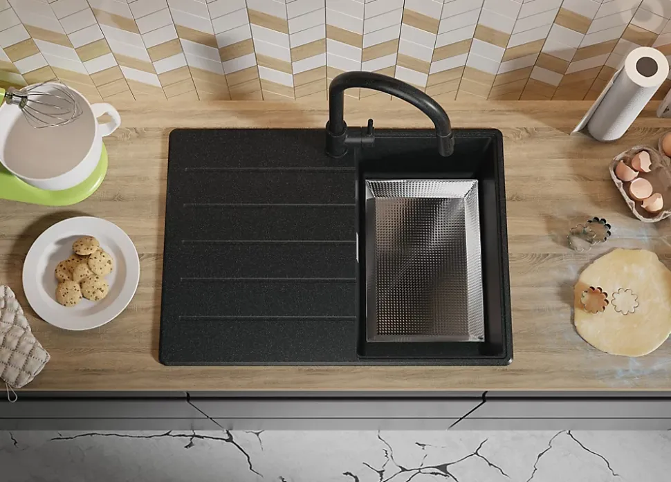PRIMAGRAN Evier Cuisine en Granit Graphite 70x50cm, Lavabo 1 bac + Kit de Vidage + Accessoires, Évier à Encastrer au meuble 40cm