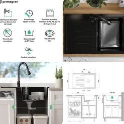 PRIMAGRAN Evier Cuisine en Granit Blanc 78x50cm, Lavabo 1 bac + Kit de Vidage, Évier à Encastrer au meuble 45cm - Milan