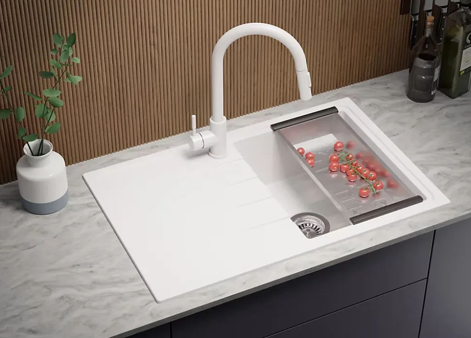 PRIMAGRAN Evier Cuisine en Granit Blanc 78x50cm, Lavabo 1 bac + Kit de Vidage, Évier à Encastrer au meuble 45cm - Milan