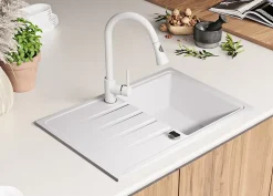 PRIMAGRAN Evier Cuisine en Granit Blanc 78x50cm, Lavabo 1 bac + Kit de Vidage, Évier à Encastrer au meuble 45cm - Milan