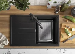PRIMAGRAN Evier Cuisine en Granit Graphite 78x50cm, Lavabo 1 bac + Kit de Vidage, Évier à Encastrer au meuble 45cm - Milan