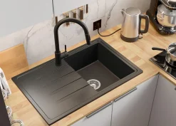 PRIMAGRAN Evier Cuisine en Granit Graphite 78x50cm, Lavabo 1 bac + Kit de Vidage, Évier à Encastrer au meuble 45cm - Milan