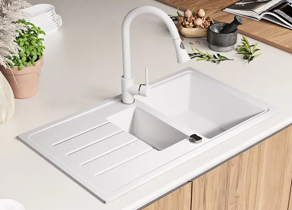PRIMAGRAN Evier Cuisine en Granit Tout Blanc 90x50cm, Lavabo 1,5 bacs + Accessoires, Évier à Encastrer au meuble 60cm