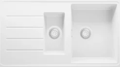 PRIMAGRAN Evier Cuisine en Granit Tout Blanc 90x50cm, Lavabo 1,5 bacs + Accessoires, Évier à Encastrer au meuble 60cm