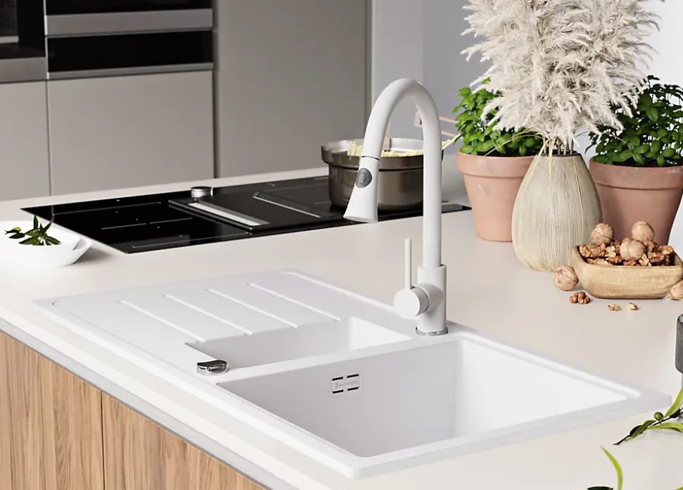 PRIMAGRAN Evier Cuisine en Granit Tout Blanc 90x50cm, Lavabo 1,5 bacs + Accessoires, Évier à Encastrer au meuble 60cm