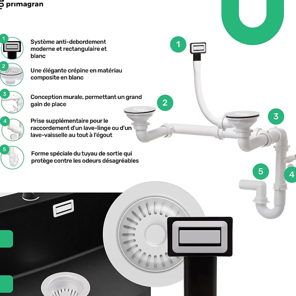 PRIMAGRAN Evier Cuisine en Granit Tout Blanc 90x50cm, Lavabo 1,5 bacs + Accessoires, Évier à Encastrer au meuble 60cm