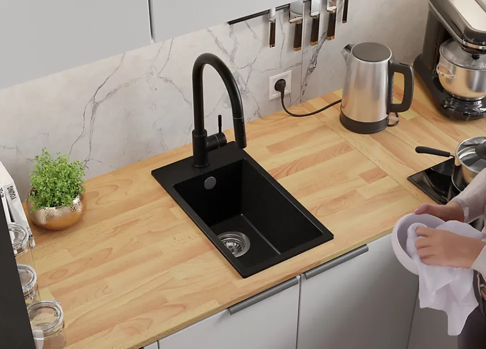 PRIMAGRAN Evier Cuisine en Granit Tout Noir 28x50cm, Lavabo 1 bac + Kit de Vidage, Évier à Encastrer au meuble 30cm - Riga