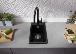 PRIMAGRAN Evier Cuisine en Granit Tout Noir 28x50cm, Lavabo 1 bac + Kit de Vidage, Évier à Encastrer au meuble 30cm - Riga