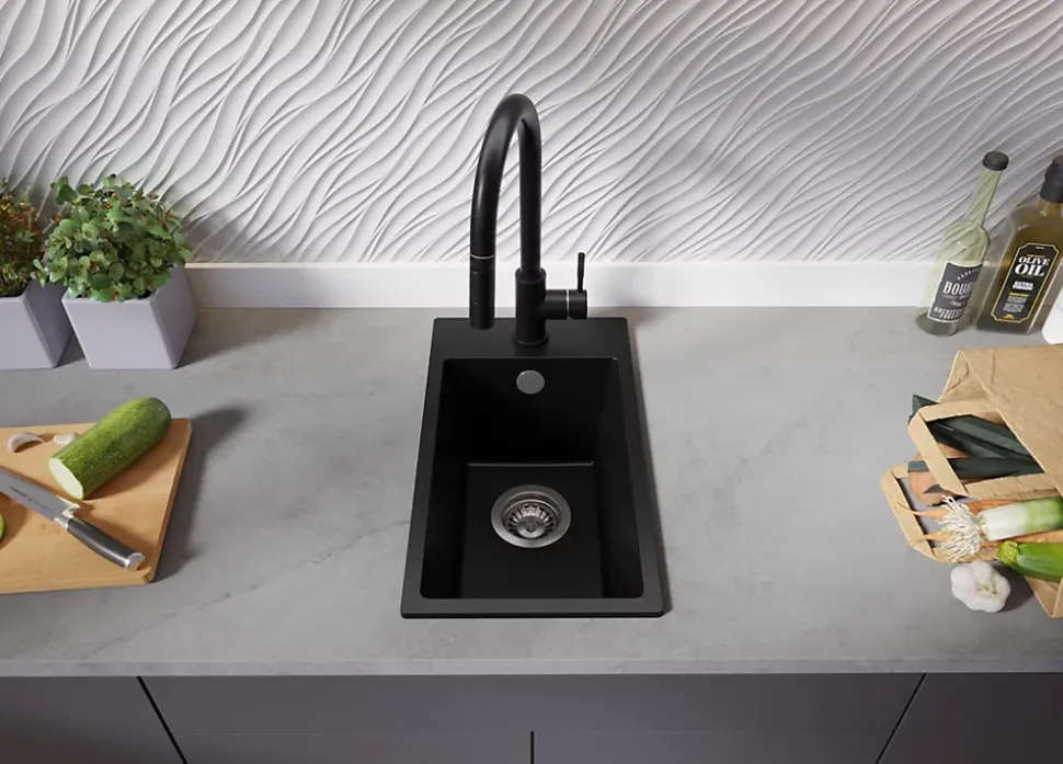 PRIMAGRAN Evier Cuisine en Granit Tout Noir 28x50cm, Lavabo 1 bac + Kit de Vidage, Évier à Encastrer au meuble 30cm - Riga