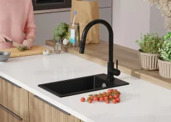 PRIMAGRAN Evier Cuisine en Granit Tout Noir 28x50cm, Lavabo 1 bac + Kit de Vidage, Évier à Encastrer au meuble 30cm - Riga