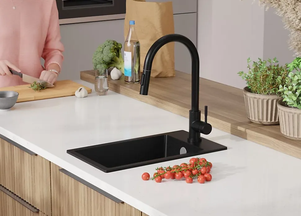 PRIMAGRAN Evier Cuisine en Granit Tout Noir 28x50cm, Lavabo 1 bac + Kit de Vidage, Évier à Encastrer au meuble 30cm - Riga