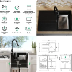 PRIMAGRAN Evier Cuisine en Granit Tout Blanc 78x50cm, Lavabo 1 bac + Accessoires, Évier à Encastrer au meuble 45cm